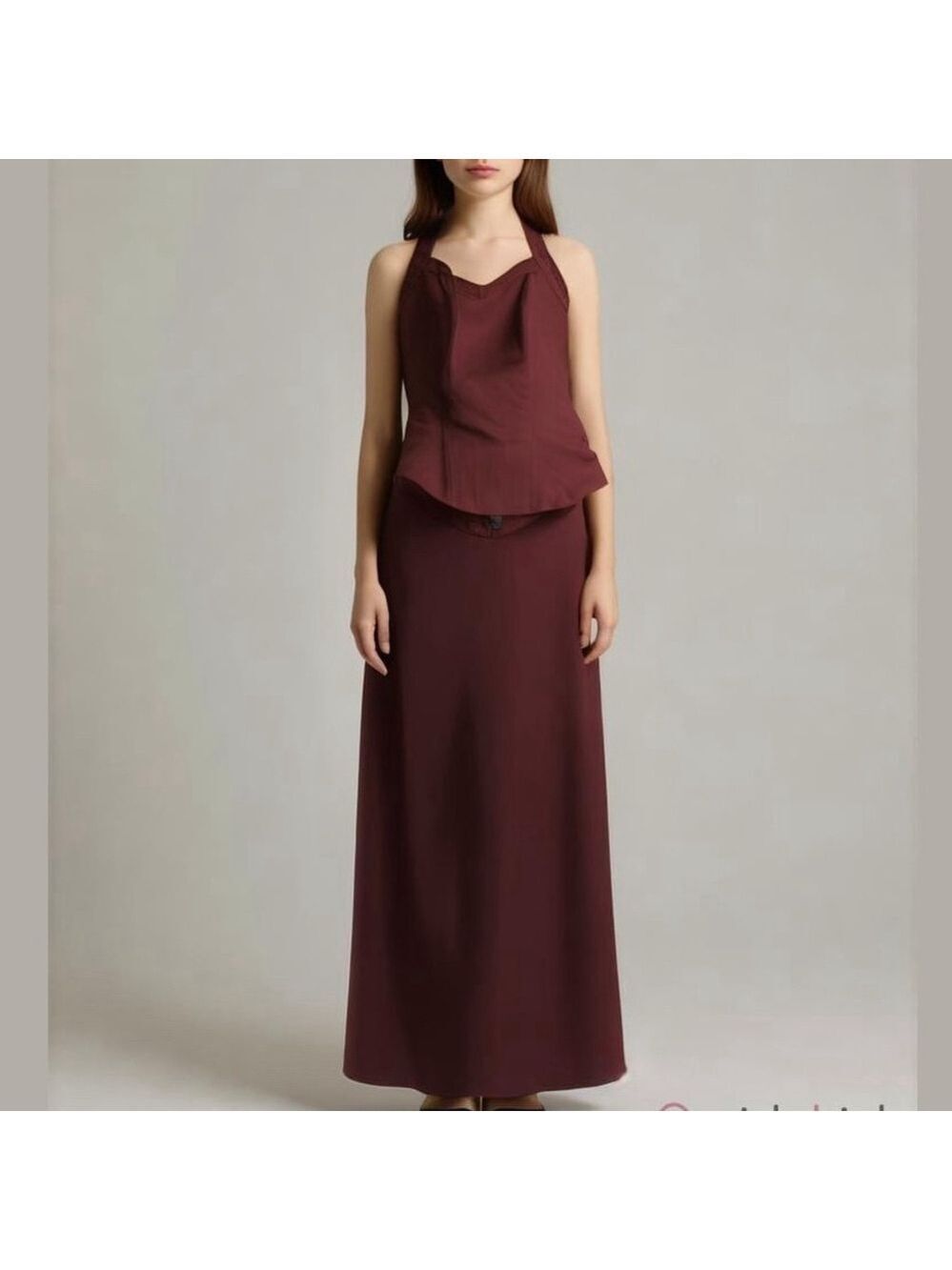 MORI LEE formal two piece set 'ball gown' skirt & halter neck fitted top maroon